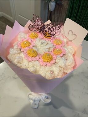 Handmade Pink & White Crochet Flower Bouquet - Women Bath & Body